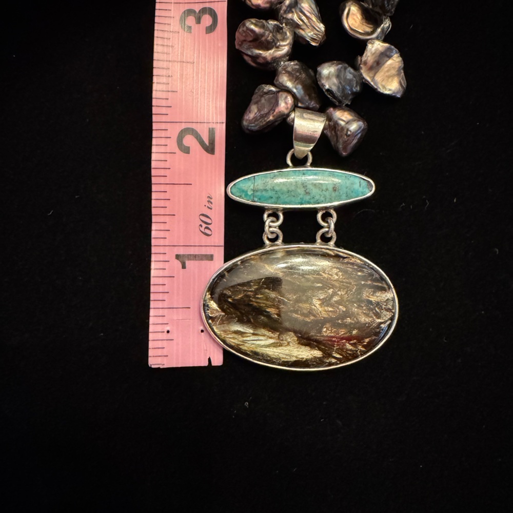 NWOT Freshwater Pearl Necklace with Jasper & Turquoise Pendant - Picture 6 of 8